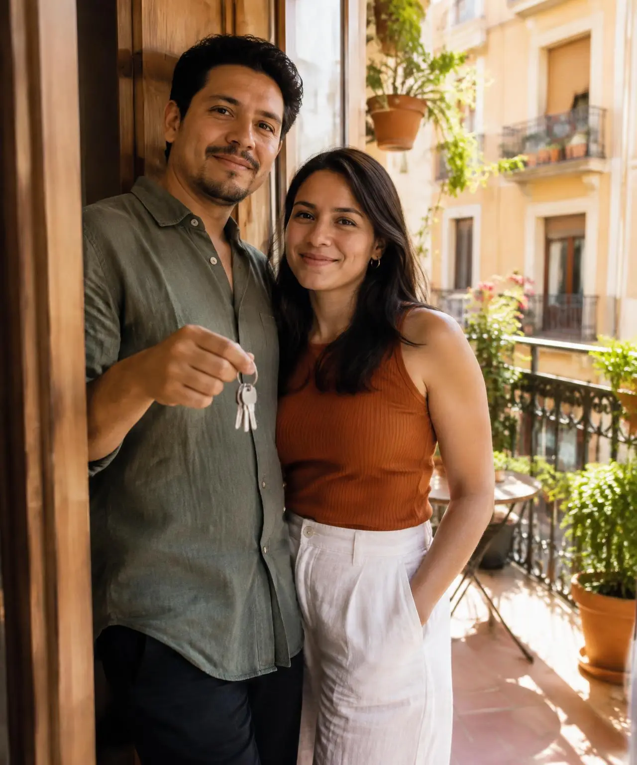 Pareja sonriente con las llaves de su vivienda en un balcón en España